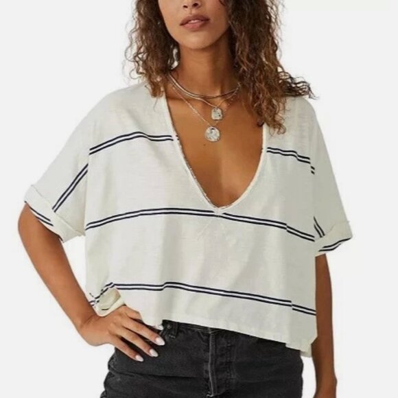 FREE PEOPLE WE THE FREE Jaydon V-Neck Boxy Oversized T Shirt White Black Stripe - Picture 1 of 13